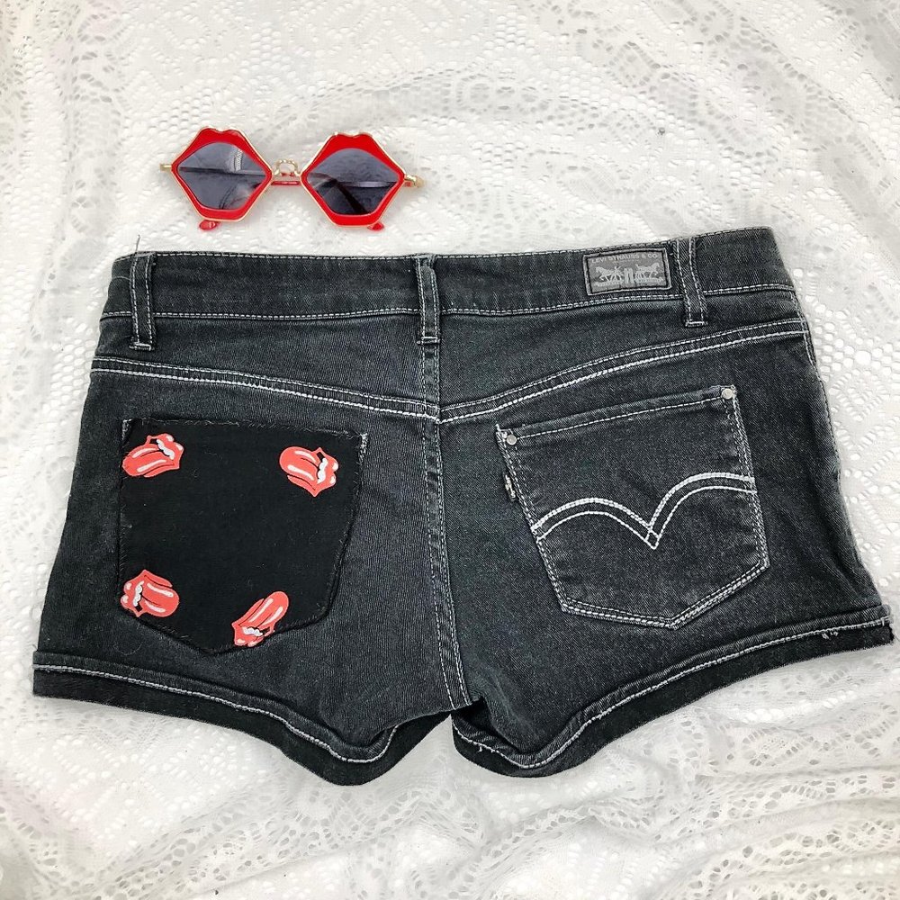 Rolling Stones Vintage Rocker Tongue Black Denim Jean Shorty Shorts, Custom-Rare